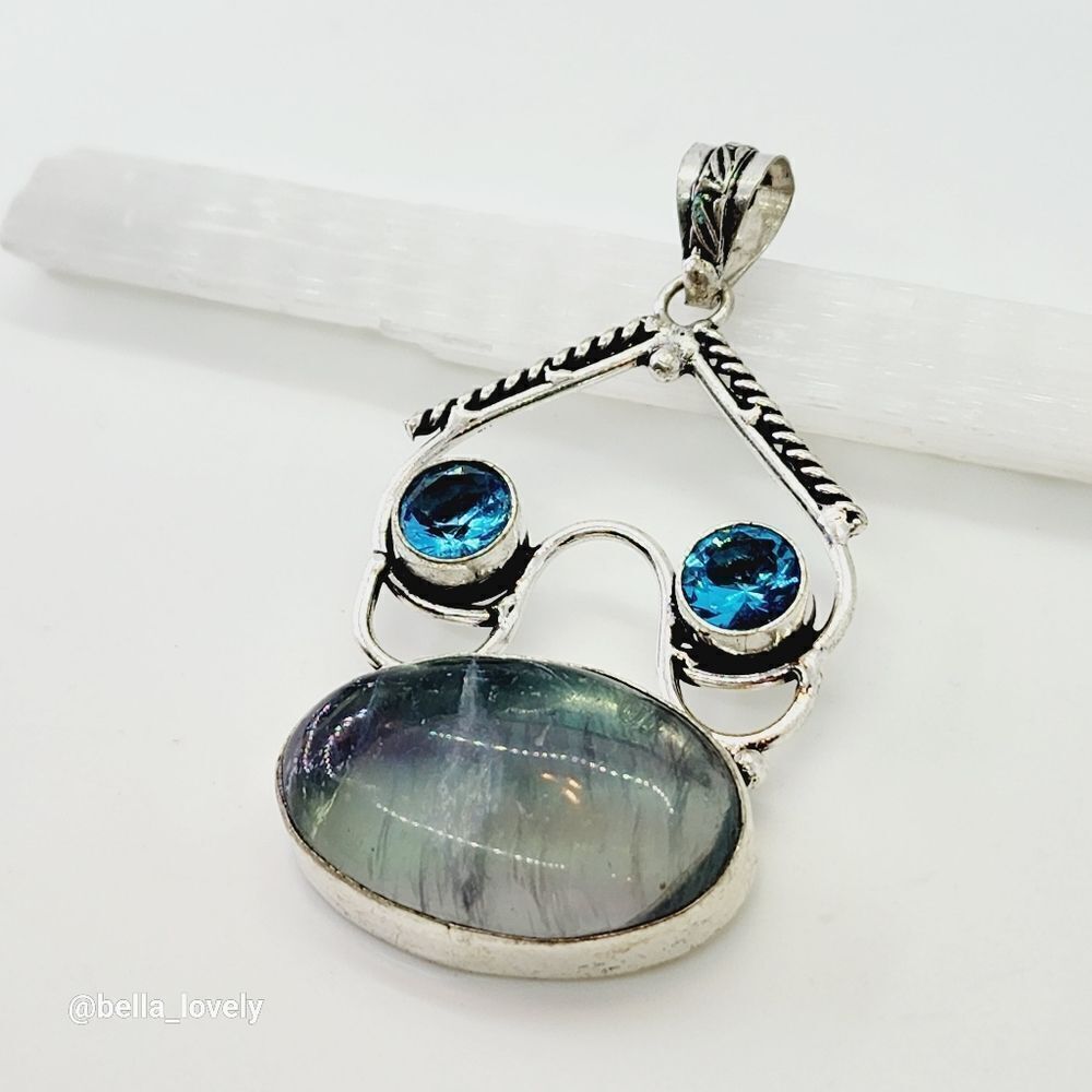Fluorite Blue Topaz Ethnic Handmade Pendant Jewelry 2.6"